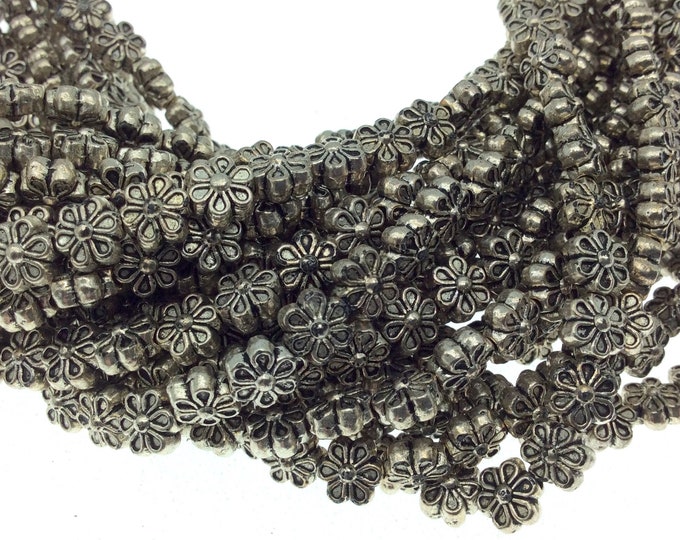 Silver Finish Tiny Flower Shaped Pewter Beads - 8" Strand (Approx. 35 Beads) - Measuring 6mm x 6mm, Approx. - 1.5mm Hole Size