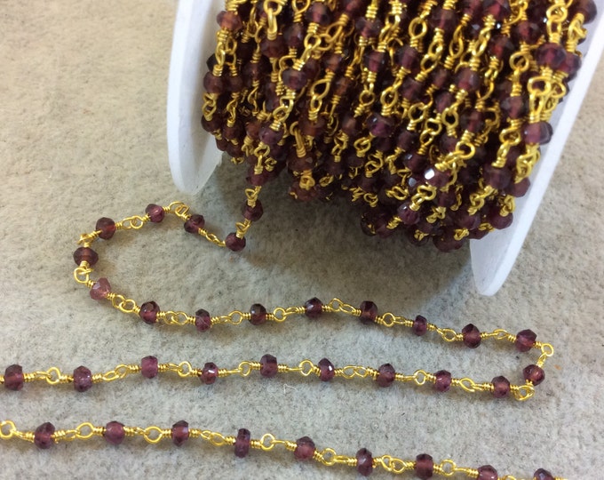 Gold Plated Copper Rosary Chain with Faceted 3mm Rondelle Shape Garnet Beads (CH091-GD) - Sold by the Foot! - Natural Beaded Chain