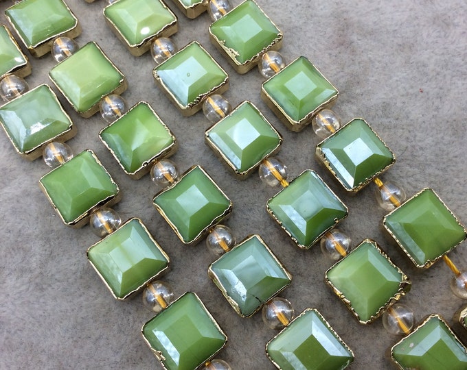 Chinese Crystal Beads | 12mm x 12mm Gold Electroplated Glossy Finish Faceted Opaque Apple Green Square Glass Beads