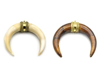 Knochenanhänger | Halbmondanhänger mit gepunkteter Goldöse | Weißer Halbmond | Brauner Halbmond