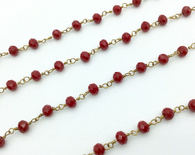 Sold By the FOOT - Gold Plated Copper Wrapped Rosary Chain with 6mm Faceted Lipstick Red Glass Crystal Rondelle Shaped Beads - Sold Per 1'