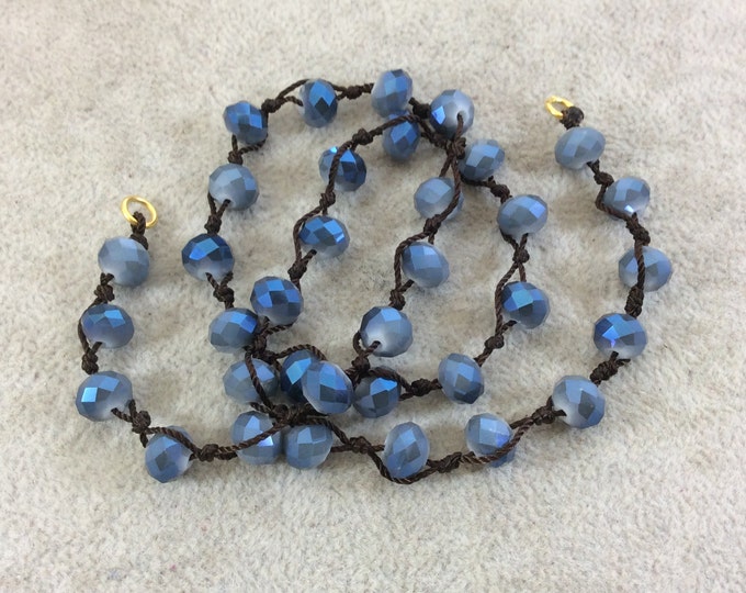 Chinese Crystal Beads | 18" Dark Brown Thread Necklace Sec. with 8mm Faceted AB Finish Rondelle Shaped Opaque Bicolor Gray Blue Glass Beads