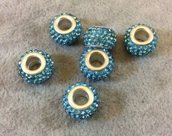 8mm x 12mm Aqua Blue Rhinestone Inlaid Silver Metal Rondelle Beads - Sold in Packs of Six (6) - European Charm Bracelet Style Beads