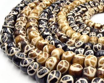 Bone Beads | Hand Painted Peace Sign Ox Bone Rondelle Beads | 8mm 10mm 12mm