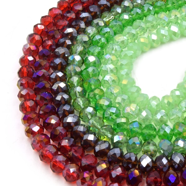 Chinese Crystal Beads | 8mm Faceted AB Coated Transparent Rondelle Shaped Crystal Beads | Red Green