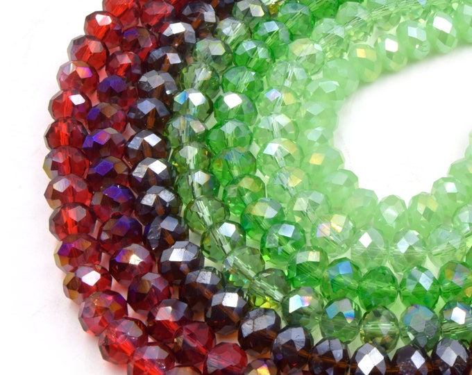 Chinese Crystal Beads | 8mm Faceted AB Coated Transparent Rondelle Shaped Crystal Beads | Red Green