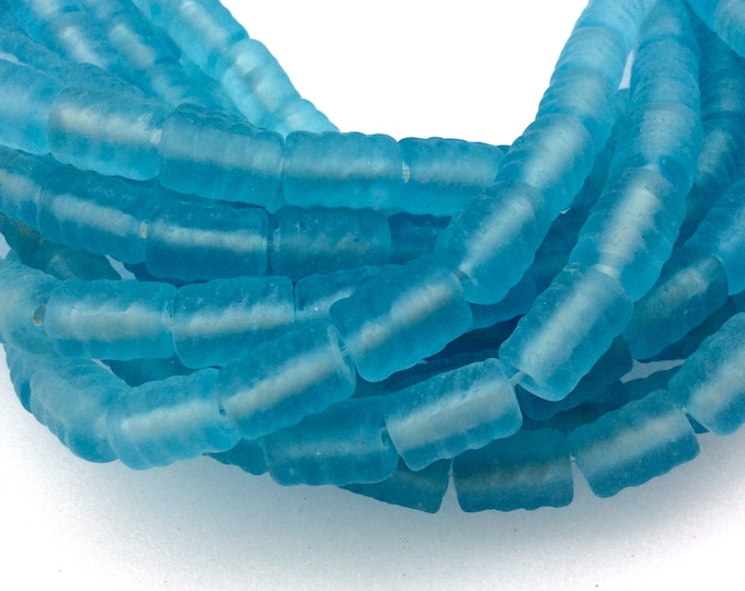 18mm x 22mm Matte Aqua Blue Spiral Textured Barrel Shaped Indian Beach/Sea Beadlanta Glass Beads - Sold by 15" Strands - Approx 32 Beads