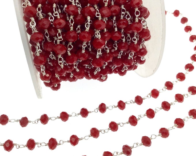 Silver Plated Copper Rosary Chain with 6mm Faceted Opaque Lipstick Red Glass Crystal Beads - Sold by the Foot! - Beaded Chain
