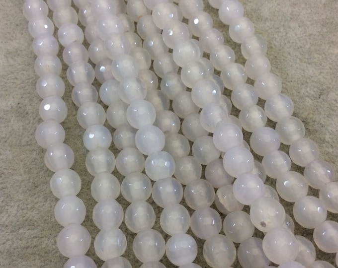 8mm Dyed White Natural Agate Faceted Round/Ball Shaped Beads with 1.5mm Holes - 7.75" Strand (Approx. 25 Beads) - LARGE HOLE BEADS