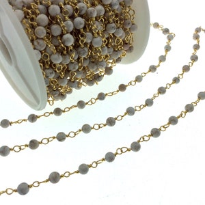 White Buffalo Turquoise Rosary Chain - 4mm Gold Beaded Chain for Jewelry Making - Bulk Rosary Chain