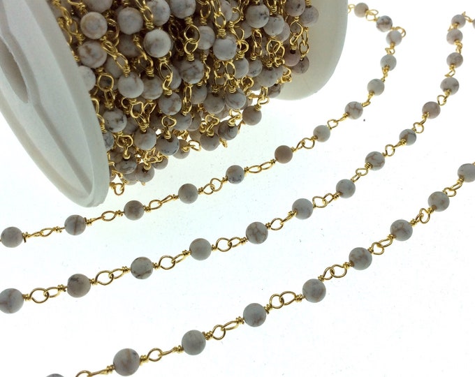 White Buffalo Turquoise Rosary Chain - 4mm Gold Beaded Chain for Jewelry Making - Bulk Rosary Chain