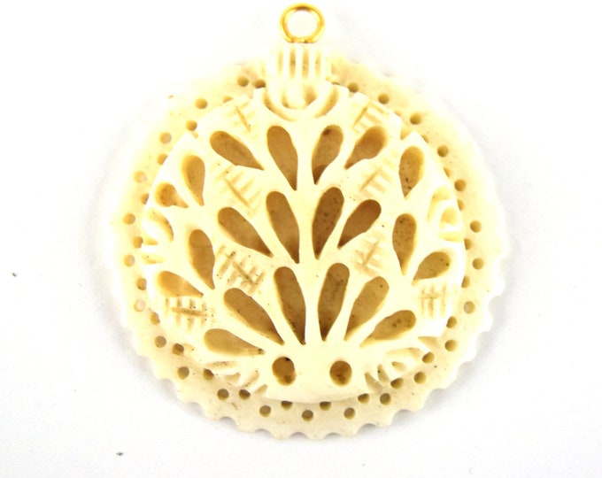 38mm x 40mm - White/Off White - Hand Carved Peacock with Scallops- Round Shaped Natural Ox Bone Pendant