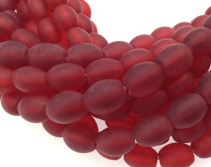 8mm x 10mm Matte Semi Transparent Red Oval Shaped Indian Beach/Sea Beadlanta Glass Beads - Sold by 15" Strand - ~38 Beads per Strand