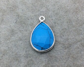 Sterling Silver Faceted Flat Back Dyed Veined Blue Howlite Teardrop Shaped Bezel Pendant - Measuring 12mm x 18mm - Sold Individually
