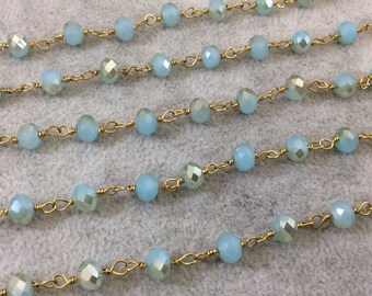 Gold Plated Copper Wrapped Rosary Chain with 6mm Faceted Opaque AB Aqua & Gold Glass Crystal Rondelle Beads - Sold by the Foot (RC46-123-GD)
