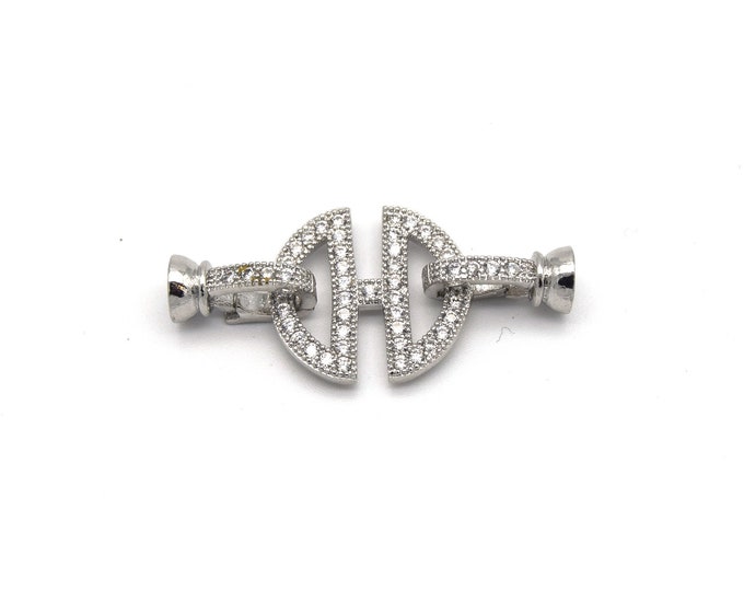 32mm x 15mm Silver Plated Cubic Zirconia Encrusted/Inlaid Coin Shaped Double Clasp Components