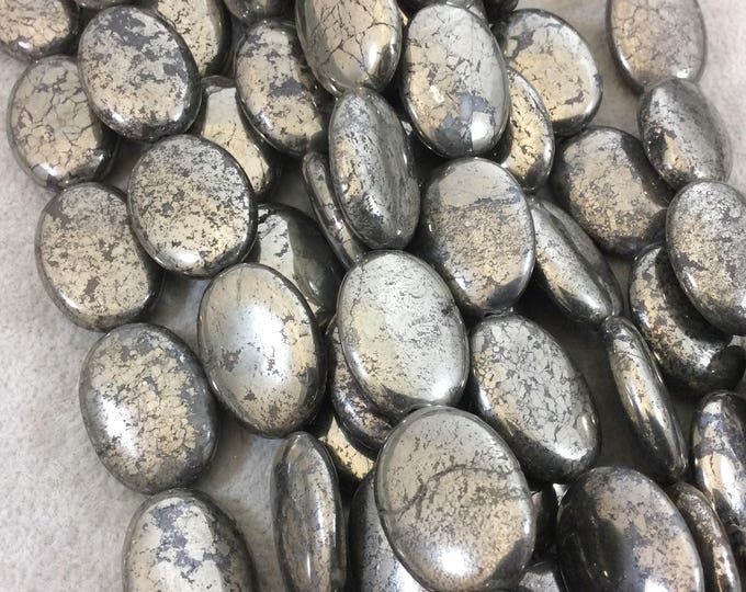 18mm x 25mm Glossy Finish Natural Metallic Pyrite Oval Shaped Beads with 1mm Holes - 15.5" Strand (Approx. 16 Beads) - Quality Gemstone