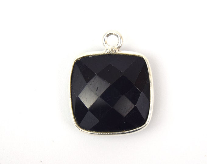 Silver Plated Faceted Hydro (Lab Created) Jet Black Onyx Square Shaped Bezel Pendant - Measuring 15mm x 15mm - Sold Individually