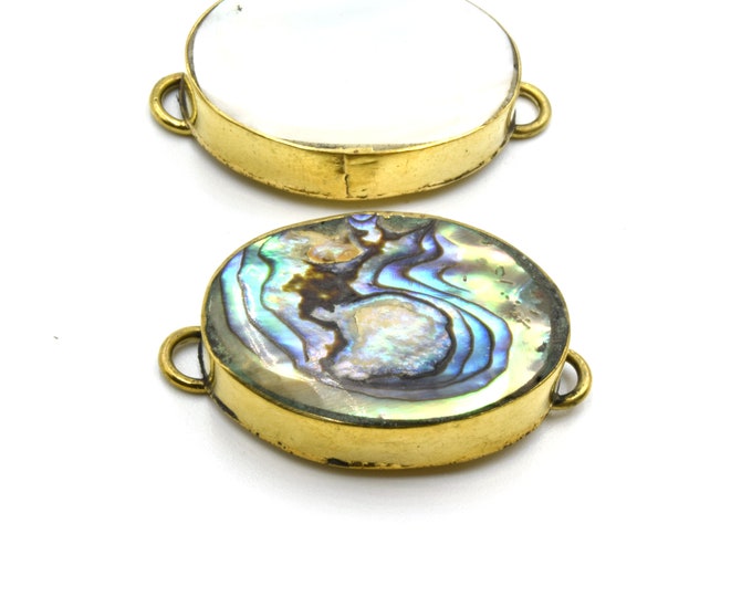 Iridescent White Natural Abalone Shell Fat Oval Shaped Gold Plated Bezel Connector- White & Rainbow
