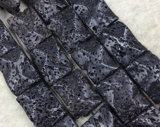 18mm x 26mm Waxed/Coated Black Colored Volcanic Lava Rock Wavy Rectangle Shape Beads W 1mm Holes - Sold by 15.25" Strands (Approx. 16 Beads)