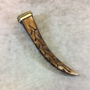 Carved Brown Bone Tusk Pendant with Gold Cap (112mm)
