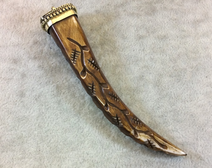 4" Carved (Style B) Square Sided Brown Bone Tusk Pendant with Dotted Gold Cap - Measuring 17mm x 20mm x 112mm, Approx. - Sold Individually