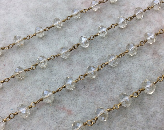 Gold Plated Copper Wrapped Rosary Chain with 6mm x 8mm Faceted Transparent Clear Glass Crystal Rondelle Beads- Sold By the Foot (CC68-01-GD)