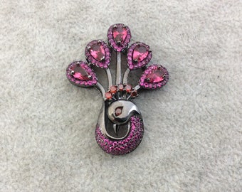 Pink Cubic Zirconia Peacock Slider - 30mm x 38mm - Gunmetal - Sold Individually - CZ Peacock Slider Bead in Gunmetal