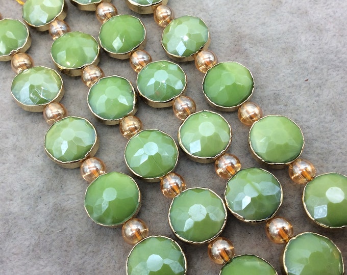 Chinese Crystal Beads | 14mm x 14mm Gold Electroplated Glossy Finish Faceted Opaque Apple Green Round Coin Glass Beads