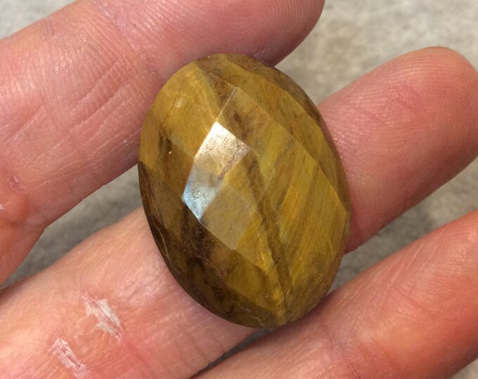 Faceted Tiger Eye Oblong Oval Shaped Flat Back Cabochon - Measuring 22mm x 30mm, 7mm Dome Height - Natural High Quality Gemstone