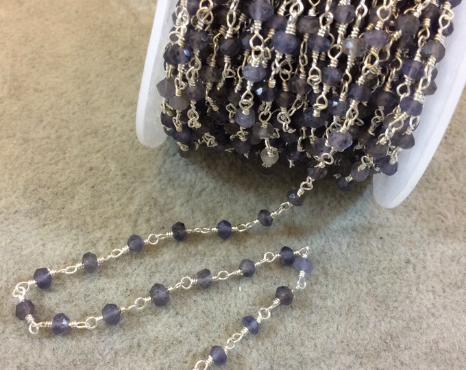 Silver Plated Copper Rosary Chain with Faceted 3mm Rondelle Shaped Iolite Beads - Sold by the Foot, or in Bulk! - Natural Beaded Chain