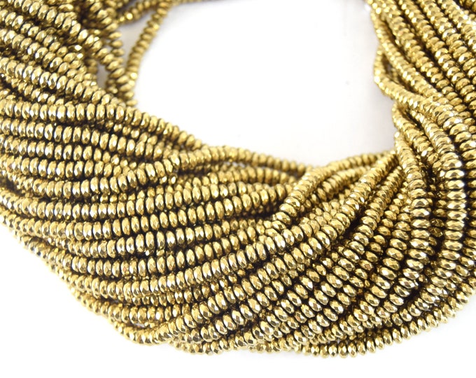 2mm x 4mm Faceted Natural Gold Coated Hematite Rondelle Shape Beads - Semi-Precious Gemstone