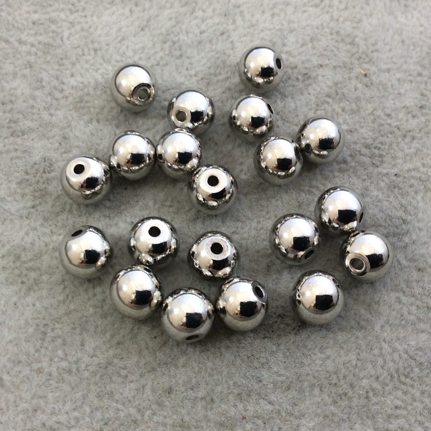 8mm Glossy Finish Silver Plated Brass Round/Ball Shaped Metal Spacer Beads  with 1mm Holes - Loose, Sold in Pre-Packed Bags of 20 Beads