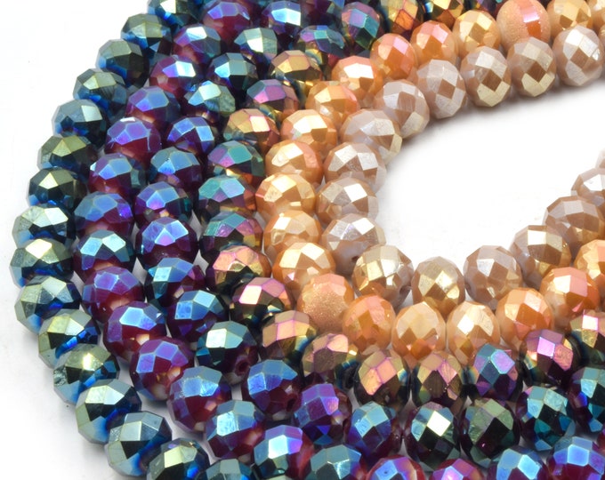 Chinese Crystal Beads | 10mm Faceted Metallic AB Rondelle Shaped Crystal Beads | Blue Purple White Gray Available