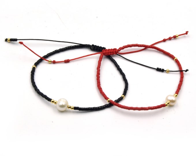 Cord Bracelet | Corded Sliding Bracelet with Pearl | Red and Black Available