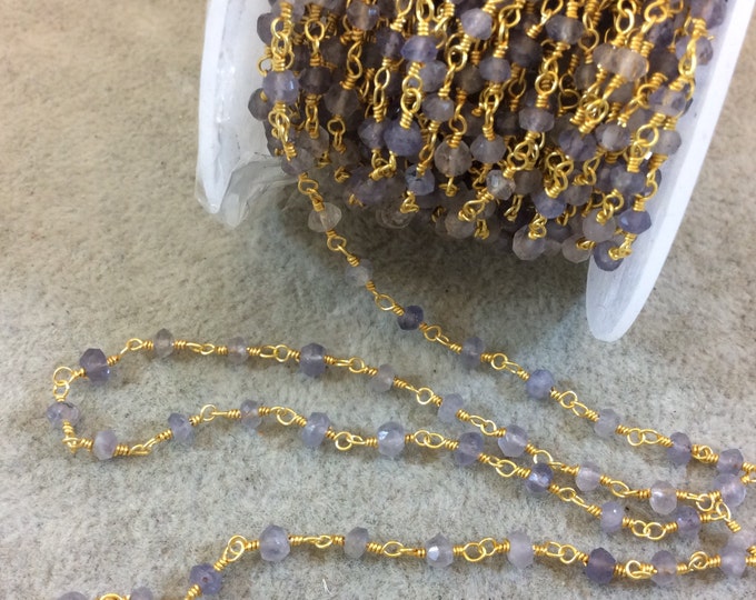 Gold Plated Copper Rosary Chain with Faceted 3-4mm Rondelle Shaped Iolite Beads (CH124-GD) - Sold by the Foot! - Natural Beaded Chain