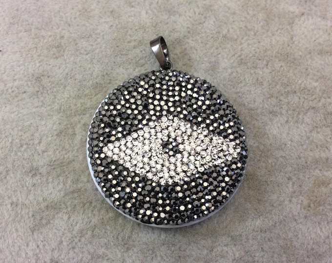 Pave Rhinestone Encrusted Abstract Eye Shaped Abalone Pendant with Gray/White Rhinestones and Attached Bail - Measuring 39mm x 39mm, Approx.