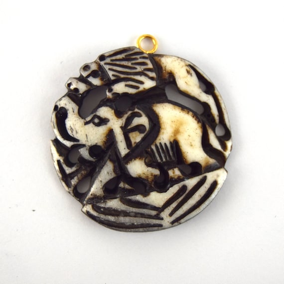 Hand Carved Ox Bone Pendant: Elephant & Lion, 38mm