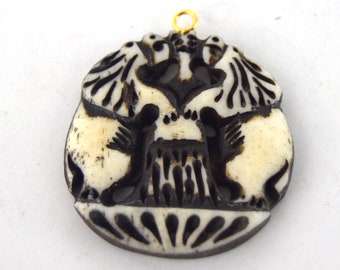 Hand Carved Ox Bone Dual Lions Pendant (38mm x 40mm)