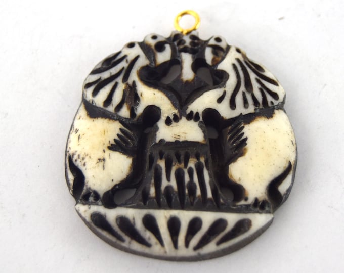 38mm x 40mm - White/Black - Hand Carved Dual Lions - Round Shaped Natural Ox Bone Pendant