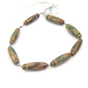 Natural Tibetan Agate Tube Beads – Wavy Brown Green Gold Pattern (40mm)