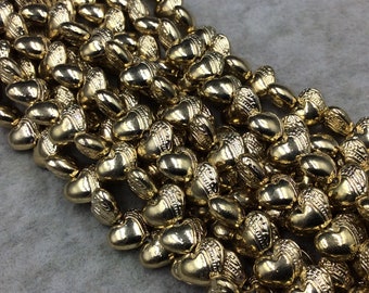 Gold Finish Dotted Pattern Puffed Heart Shape Plated Pewter Beads (26089)- 8" Strand (Approx. 28 Beads) - 8mm x 10mm - 1mm Hole Size