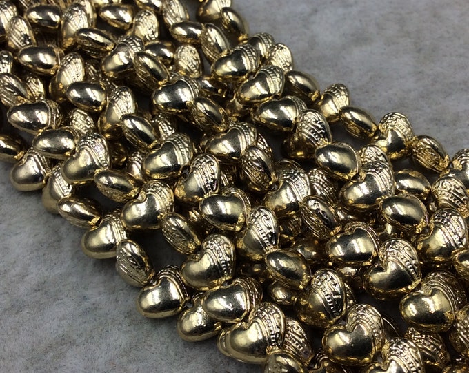 Gold Finish Dotted Pattern Puffed Heart Shape Plated Pewter Beads (26089)- 8" Strand (Approx. 28 Beads) - 8mm x 10mm - 1mm Hole Size