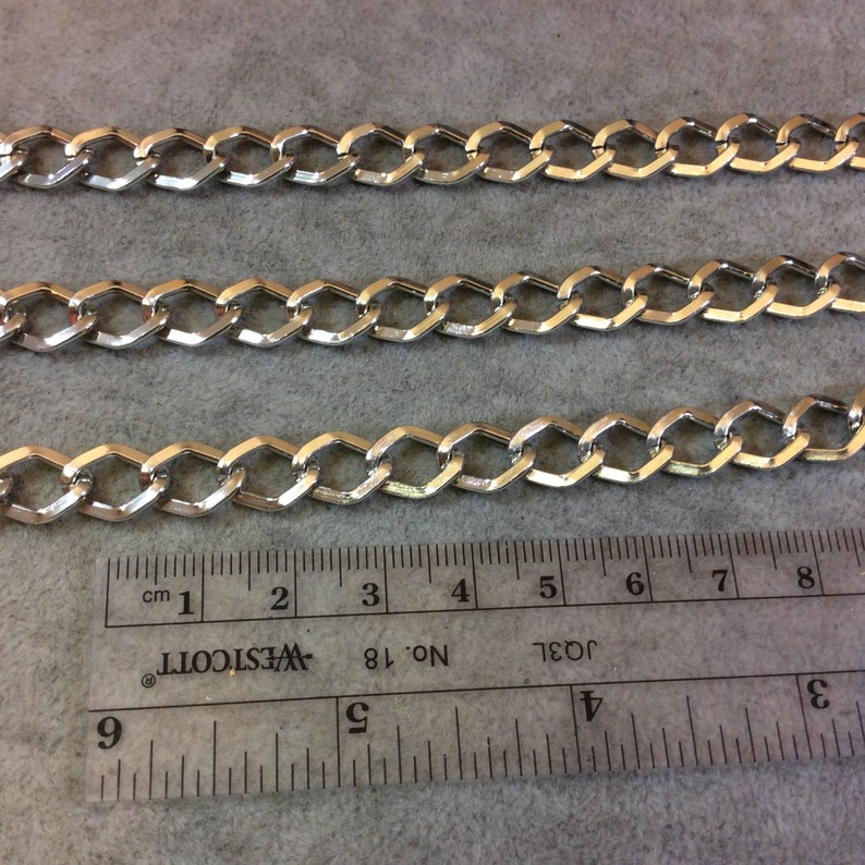 A1519 FULL SPOOL Three Finishes Available Silver Plated Aluminum Wide DiamondAngular Shaped Flat Link Curb Chain with 9mm x 11mm Links