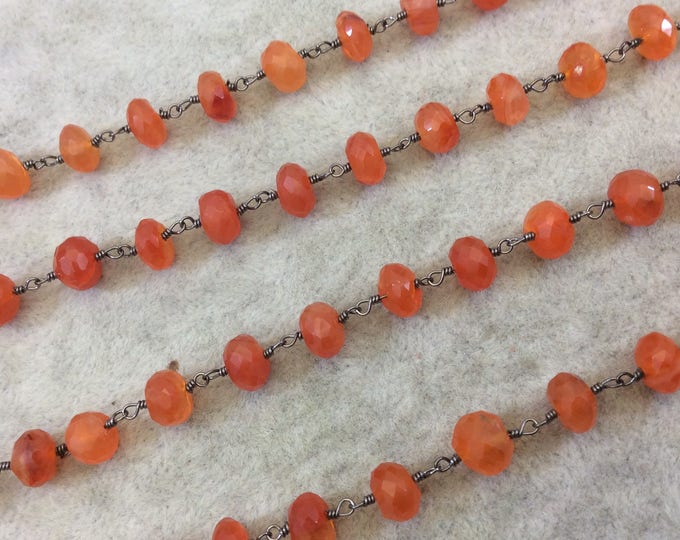 Gunmetal Plated Copper Rosary Chain with Faceted 6mm Rondelle Shape Carnelian  Beads - Sold by the Foot (CH337-GM) Quality Gemstone!