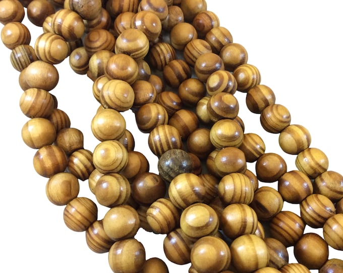 Wood Beads | Round Striped Yellow Brown Wooden Beads with 2mm Holes - 6mm 8mm 10mm 12mm Available