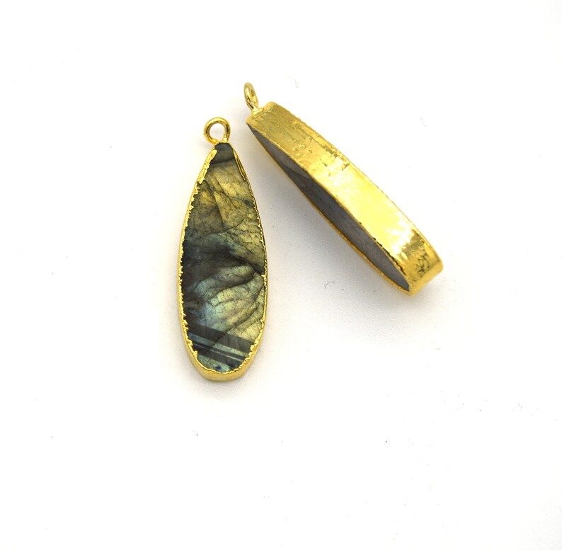 11mm x 30mm Gold Plated Natural Iridescent Long Teardrop Shaped Flat Pendant Blue Green Labradorite Bezel