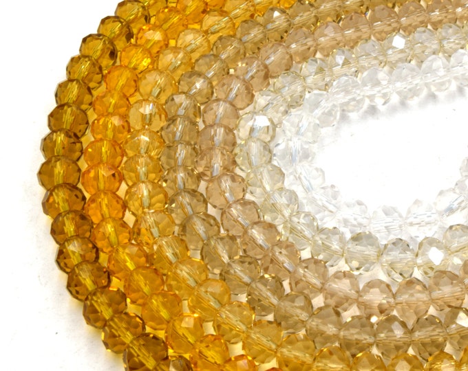 Chinese Crystal Beads | 8mm Faceted Transparent Rondelle Shaped Crystal Beads | Clear, Champagne, Tan, Yellow