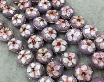 15mm Decorative Floral Lavender Round Pillow Shaped Metal/Enamel Cloisonné Beads - Sold by 15" Strands (Approx. 28 Beads Per Strand)