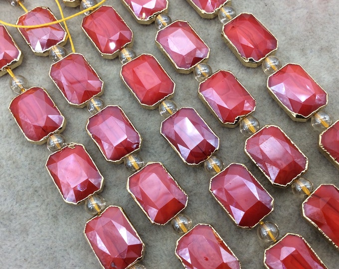 Chinese Crystal Beads | 13mm x 18mm Gold Electroplated Glossy Finish Faceted Opaque Cadmium Red Rectangle Glass Beads